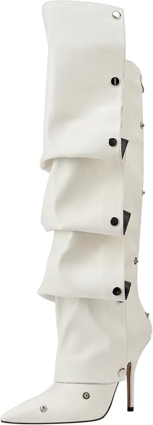 GOSERCE Women's Pointed Toe Fold Over Knee High Shark Cowboy Boots Stiletto Cowgirl High Heel Boots with Zipper Studded Pleated Boots