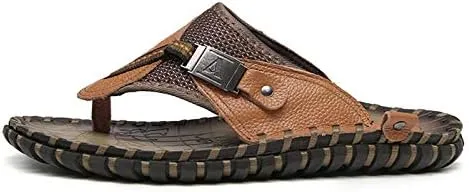 Gospt Men Leather Flip Flop Sandals with Wide Strap Summer Indoor Outdoor Beach Pool Slippers