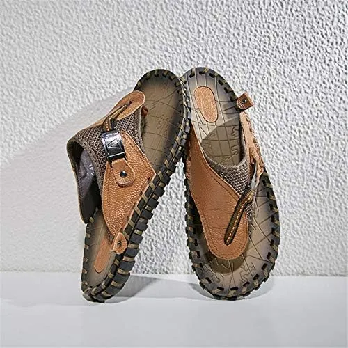 Gospt Men Leather Flip Flop Sandals with Wide Strap Summer Indoor Outdoor Beach Pool Slippers