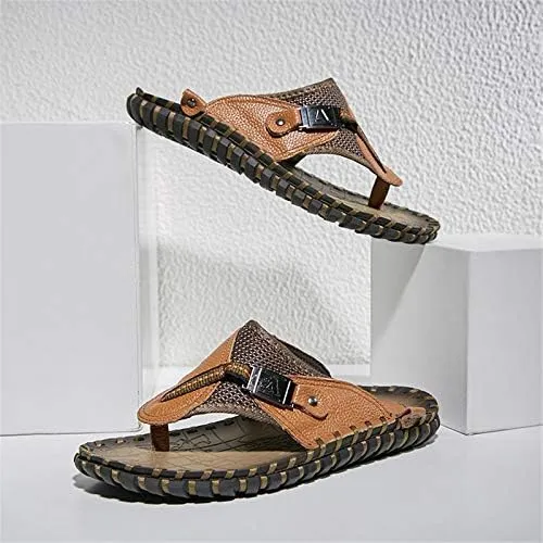 Gospt Men Leather Flip Flop Sandals with Wide Strap Summer Indoor Outdoor Beach Pool Slippers