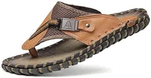 Gospt Men Leather Flip Flop Sandals with Wide Strap Summer Indoor Outdoor Beach Pool Slippers