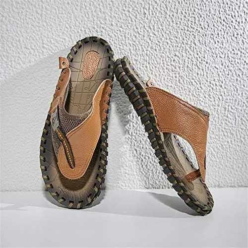 Gospt Men Leather Flip Flop Sandals with Wide Strap Summer Indoor Outdoor Beach Pool Slippers