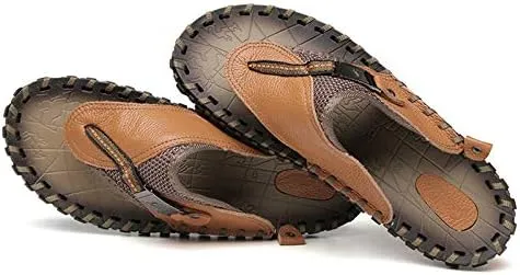 Gospt Men Leather Flip Flop Sandals with Wide Strap Summer Indoor Outdoor Beach Pool Slippers