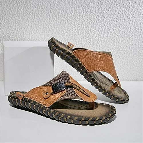 Gospt Men Leather Flip Flop Sandals with Wide Strap Summer Indoor Outdoor Beach Pool Slippers