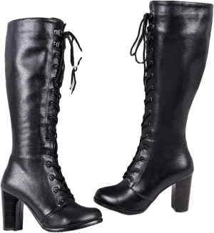 Goth Boots for Women Steampunk High Heel Tall Boots Long Strappy Chunky Block Dress Pumps Stylish Concise Black Leather Knee High Boots Outdoor Party Combat Riding Boots for Ladies Dressy