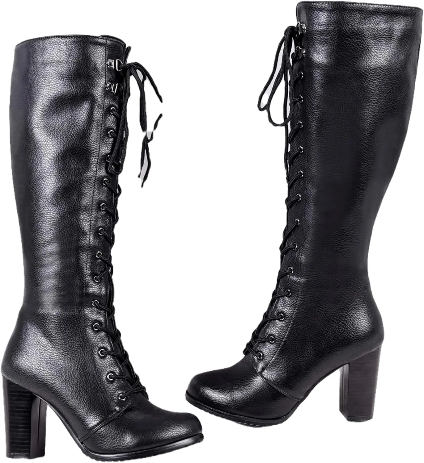 Goth Boots for Women Steampunk High Heel Tall Boots Long Strappy Chunky Block Dress Pumps Stylish Concise Black Leather Knee High Boots Outdoor Party Combat Riding Boots for Ladies Dressy