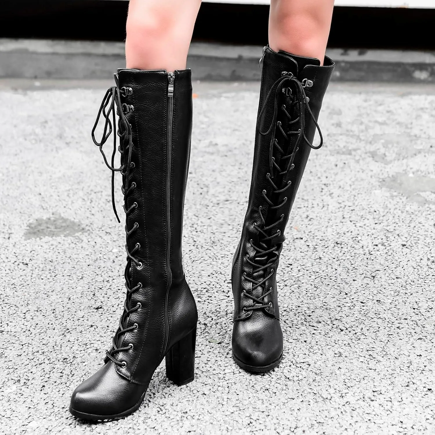 Goth Boots for Women Steampunk High Heel Tall Boots Long Strappy Chunky Block Dress Pumps Stylish Concise Black Leather Knee High Boots Outdoor Party Combat Riding Boots for Ladies Dressy