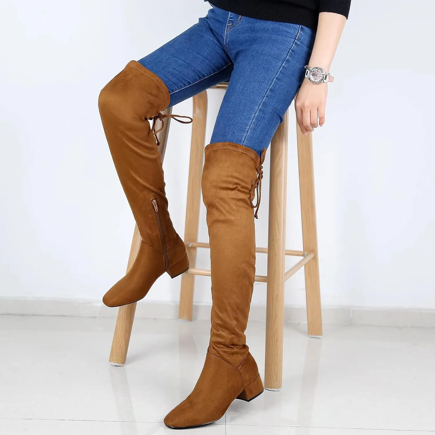 Greatonu Women's Over Knee High Boots Warm Winter Long Boot with Side Zipper Back Lace Fashion Thigh High Boots
