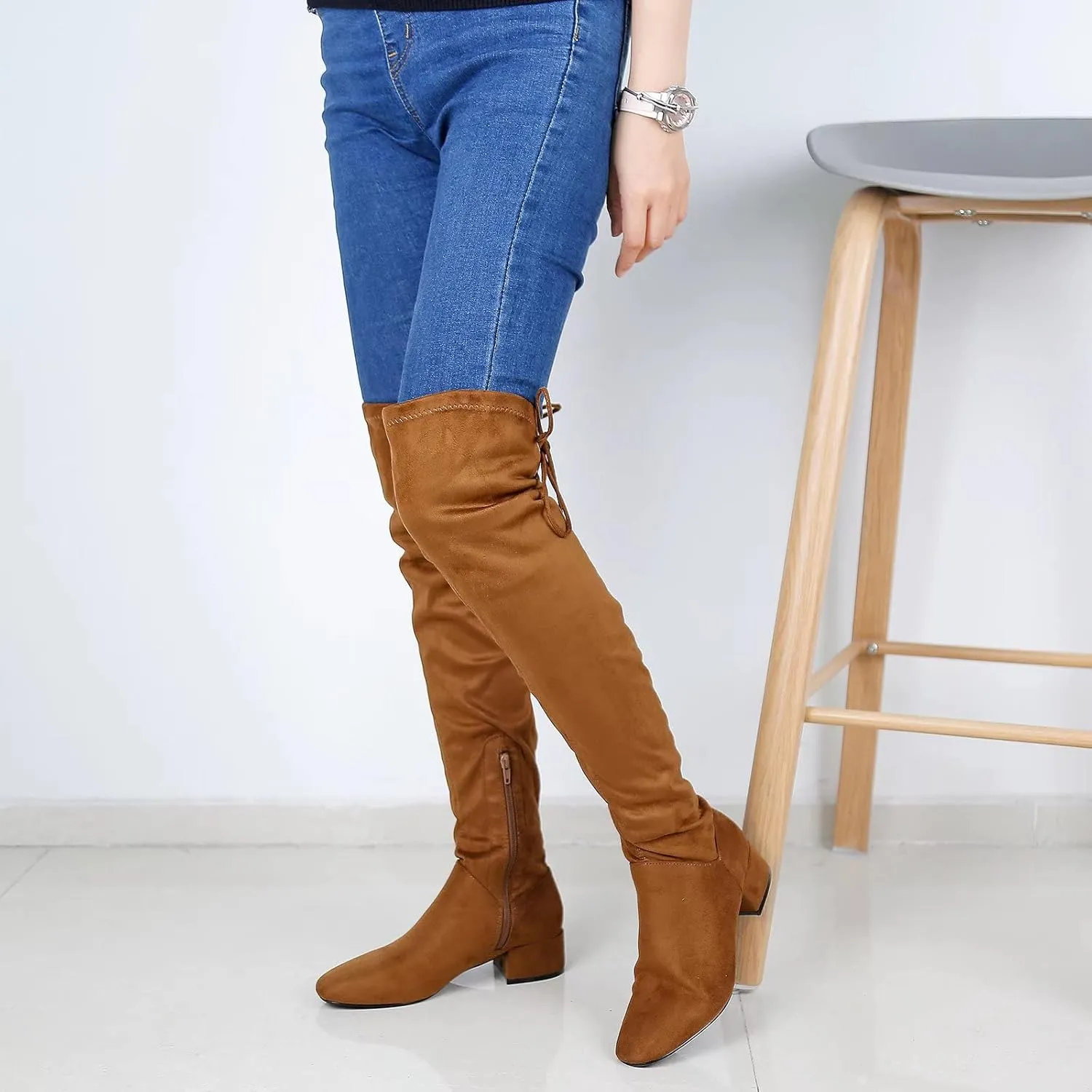 Greatonu Women's Over Knee High Boots Warm Winter Long Boot with Side Zipper Back Lace Fashion Thigh High Boots
