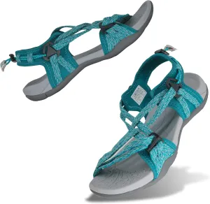 GRITION Women Hiking Sandals Girls, Outdoor Sport Water Shoes, Summer Flat Cross-Tied Sandals Open Toe Adjustable Walking Shoes