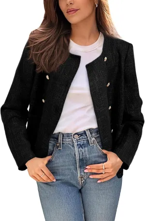 Happy Sailed Womens Cropped Tweed Blazers Casual Long Sleeve Double Breasted Open Front Blazer Jackets Work Suits