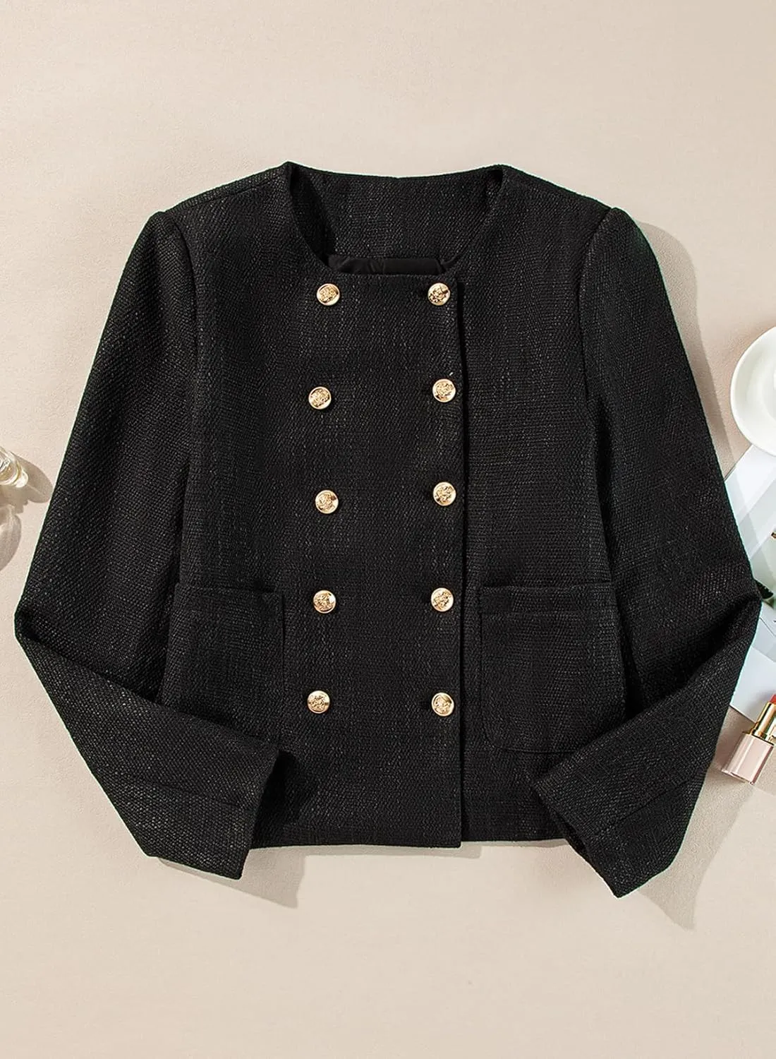 Happy Sailed Womens Cropped Tweed Blazers Casual Long Sleeve Double Breasted Open Front Blazer Jackets Work Suits