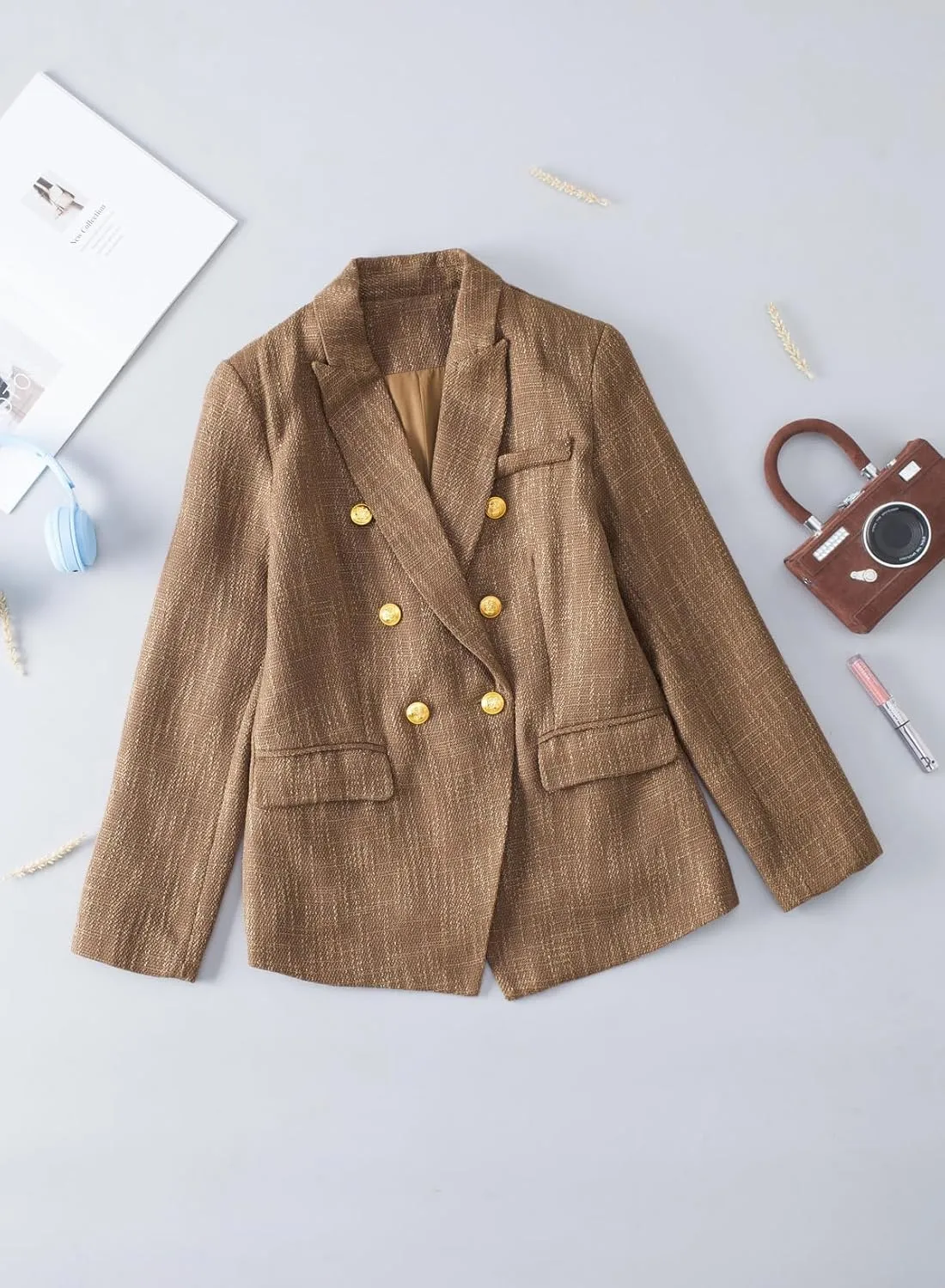 Happy Sailed Womens Tweed Blazers Casual Long Sleeve Double Breasted Open Front Blazer Jackets Work Suits