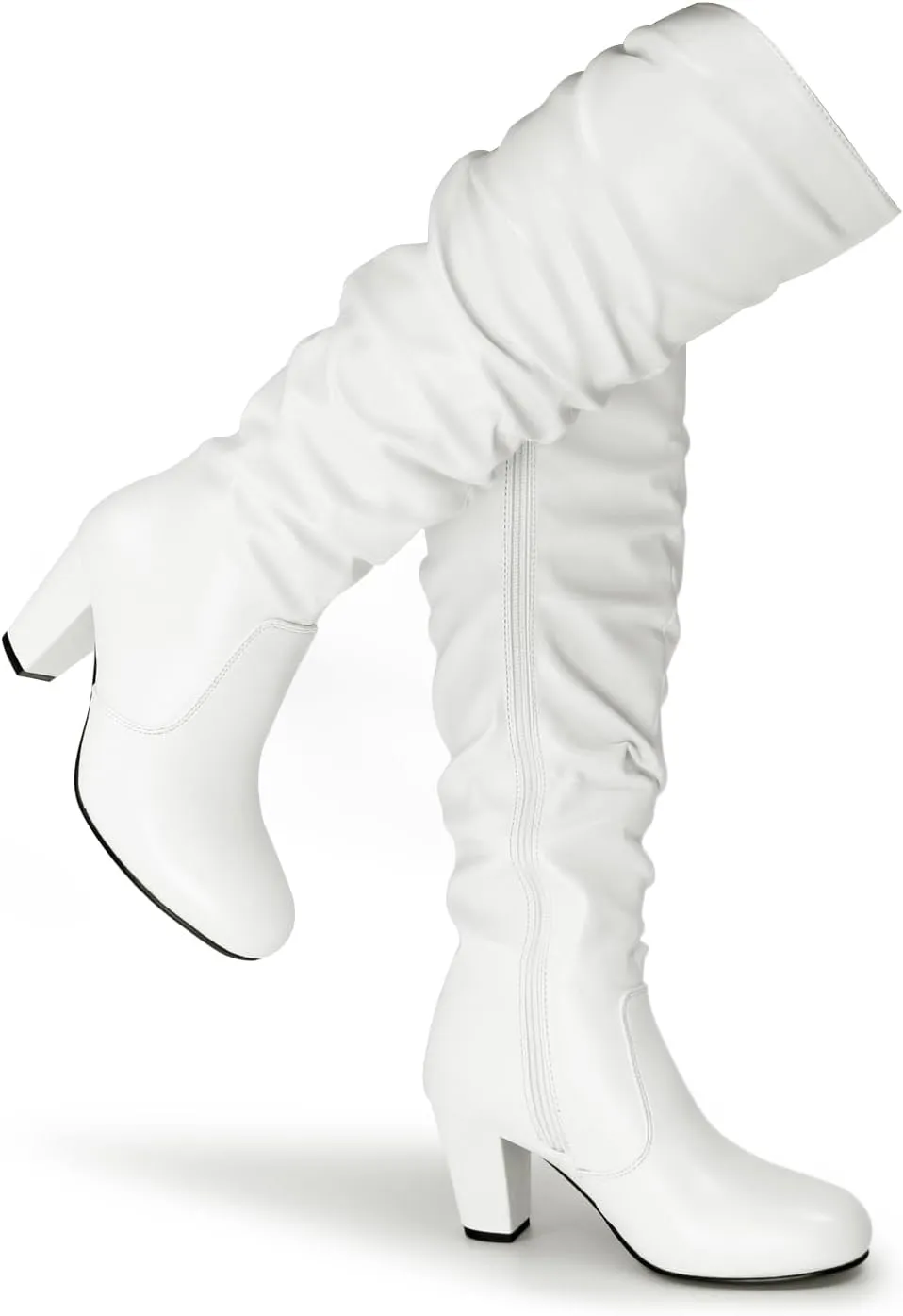 Hawkwell Women's Black White Fall Winter Chunky High-heel Side Zip Knee High Boots