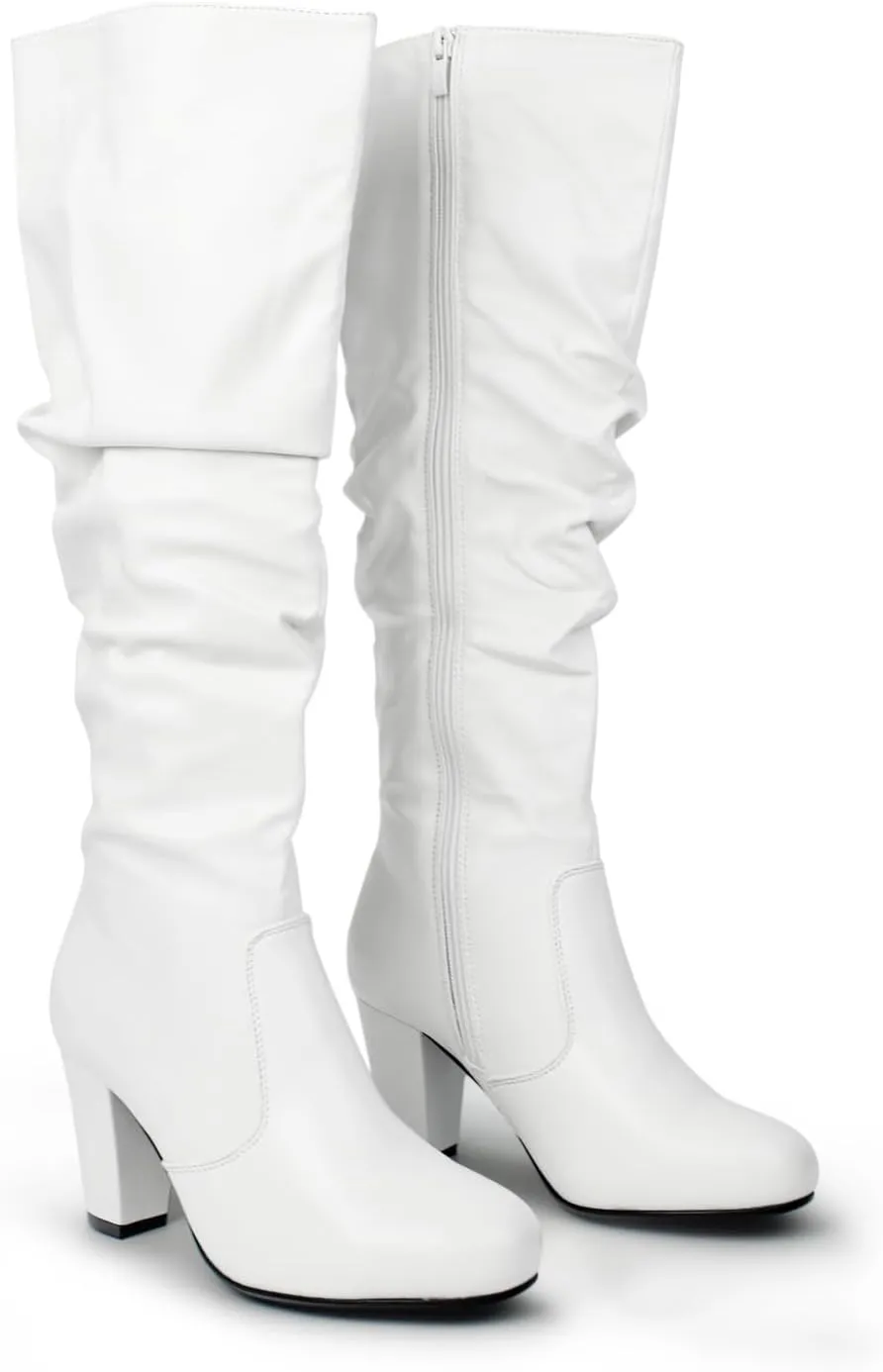 Hawkwell Women's Black White Fall Winter Chunky High-heel Side Zip Knee High Boots