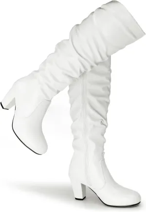 Hawkwell Women's Black White Fall Winter Chunky High-heel Side Zip Knee High Boots