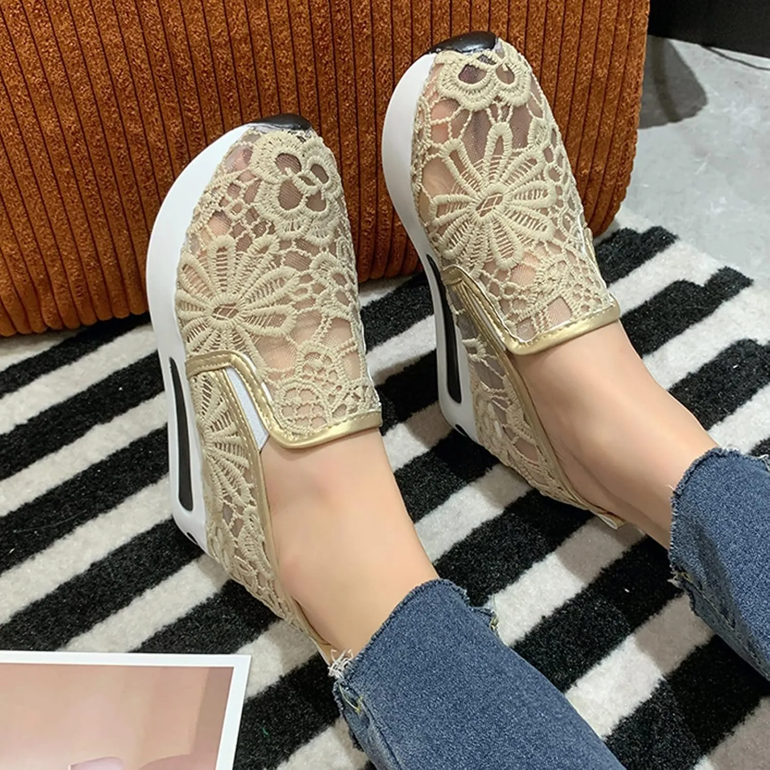 Hbeylia Platform Wedge Sneakers for Women Fashion Embroidery Floral Mesh Air Comfort Chunky Sole Hidden High Heels Slip On Loafers Breathable Walking Work Shoes with Arch Support