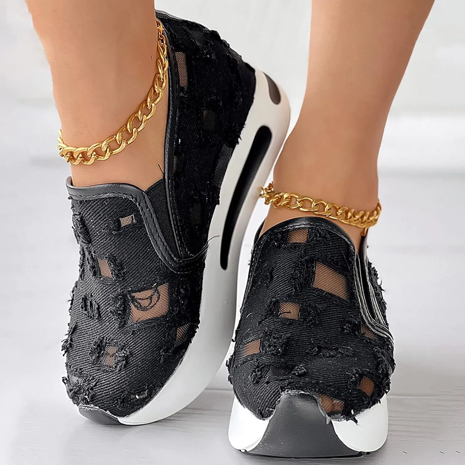 Hbeylia Platform Wedge Sneakers for Women Fashion Embroidery Floral Mesh Air Comfort Chunky Sole Hidden High Heels Slip On Loafers Breathable Walking Work Shoes with Arch Support