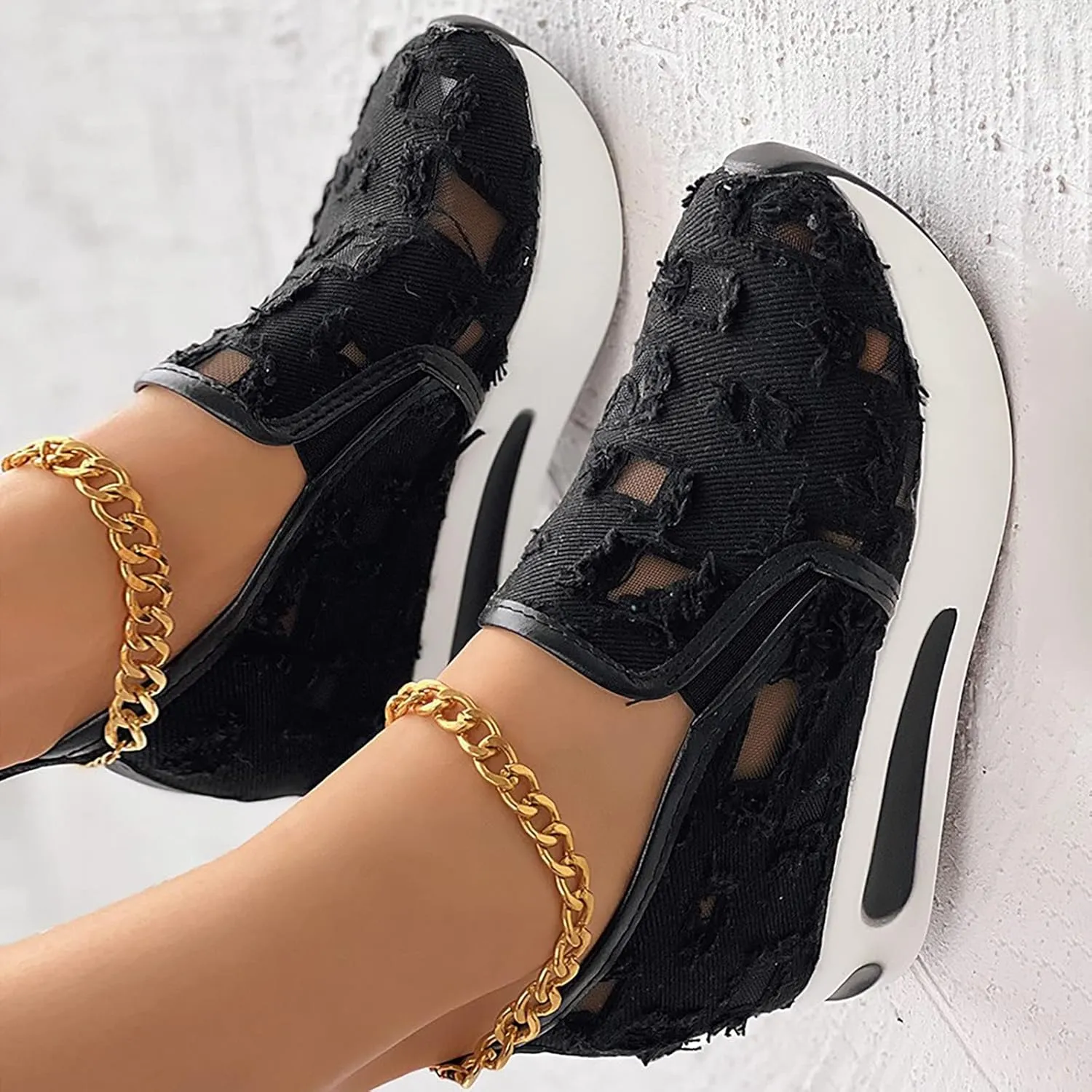 Hbeylia Platform Wedge Sneakers for Women Fashion Embroidery Floral Mesh Air Comfort Chunky Sole Hidden High Heels Slip On Loafers Breathable Walking Work Shoes with Arch Support