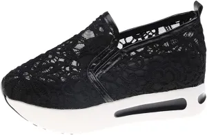 Hbeylia Platform Wedge Sneakers for Women Fashion Embroidery Floral Mesh Air Comfort Chunky Sole Hidden High Heels Slip On Loafers Breathable Walking Work Shoes with Arch Support