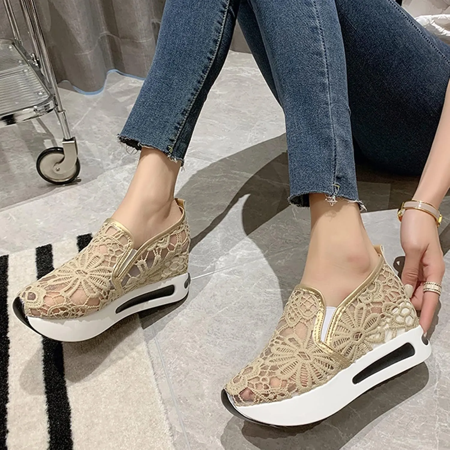 Hbeylia Platform Wedge Sneakers for Women Fashion Embroidery Floral Mesh Air Comfort Chunky Sole Hidden High Heels Slip On Loafers Breathable Walking Work Shoes with Arch Support