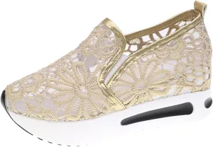 Hbeylia Platform Wedge Sneakers for Women Fashion Embroidery Floral Mesh Air Comfort Chunky Sole Hidden High Heels Slip On Loafers Breathable Walking Work Shoes with Arch Support