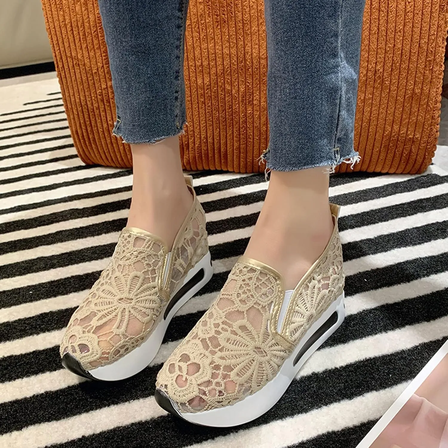 Hbeylia Platform Wedge Sneakers for Women Fashion Embroidery Floral Mesh Air Comfort Chunky Sole Hidden High Heels Slip On Loafers Breathable Walking Work Shoes with Arch Support