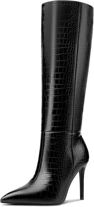 HDEUOLM Womens Stiletto High Heel Pointed Toe Knee High Boots Slip-on Party Basic Classic Crocodile Boots