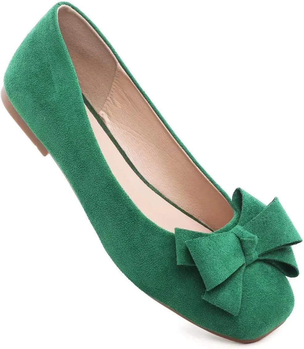 Hee grand Flats for Women Comfortable Wide Width Square Toe Flats Bowknot Dress Shoes Lightweight Slip-ons Loafers