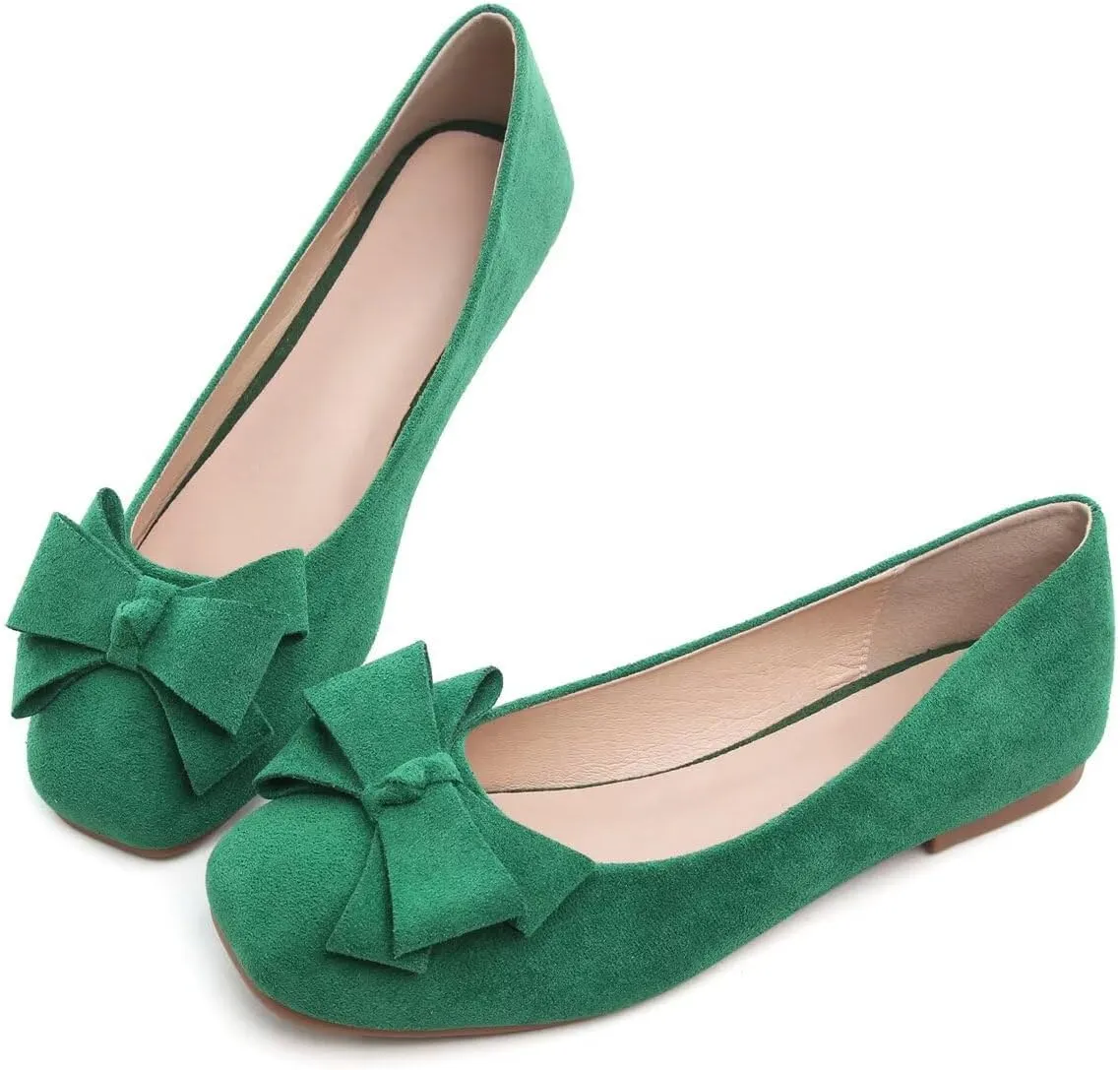 Hee grand Flats for Women Comfortable Wide Width Square Toe Flats Bowknot Dress Shoes Lightweight Slip-ons Loafers