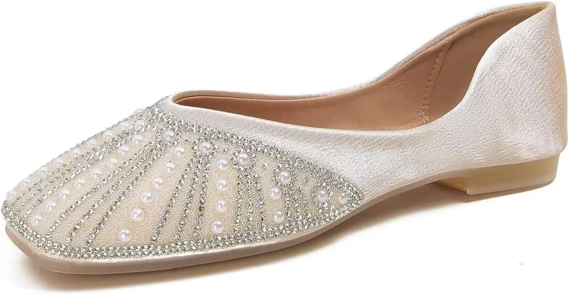 Hee grand Glittery Rhinestones Ballet Flats for Wedding Party Square Toe Slip-On Flats Comfort Light Weight Loafers Sparkling Crystals Fashion Dress Shoes