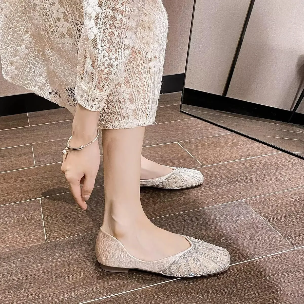 Hee grand Glittery Rhinestones Ballet Flats for Wedding Party Square Toe Slip-On Flats Comfort Light Weight Loafers Sparkling Crystals Fashion Dress Shoes