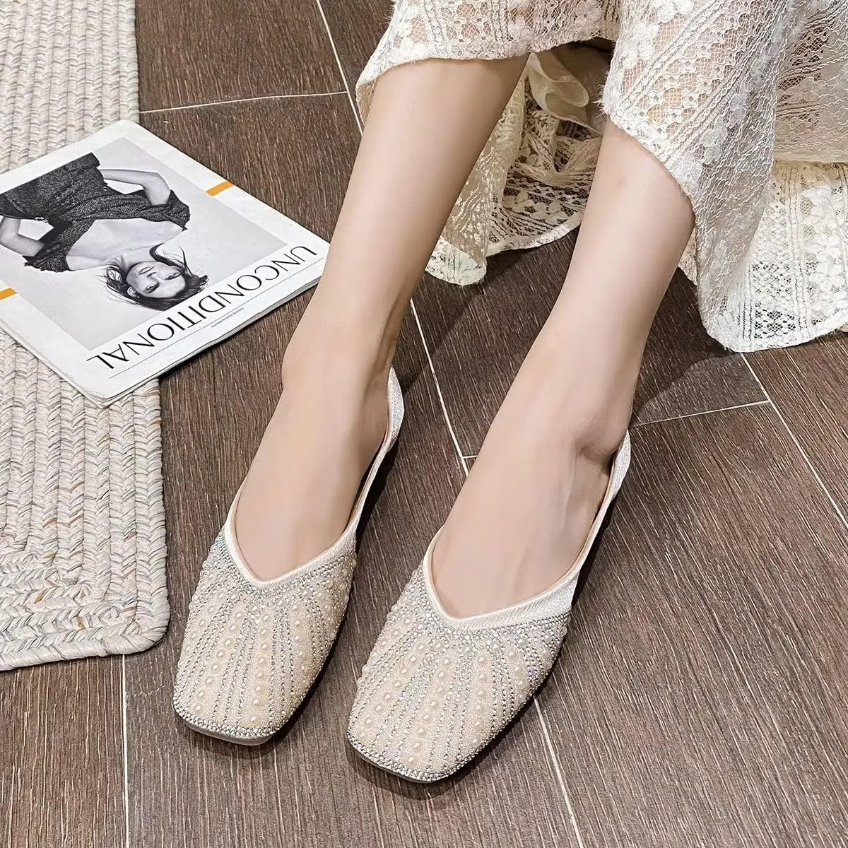 Hee grand Glittery Rhinestones Ballet Flats for Wedding Party Square Toe Slip-On Flats Comfort Light Weight Loafers Sparkling Crystals Fashion Dress Shoes