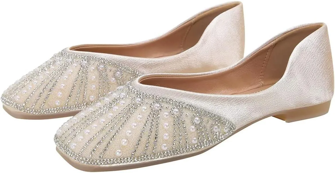 Hee grand Glittery Rhinestones Ballet Flats for Wedding Party Square Toe Slip-On Flats Comfort Light Weight Loafers Sparkling Crystals Fashion Dress Shoes