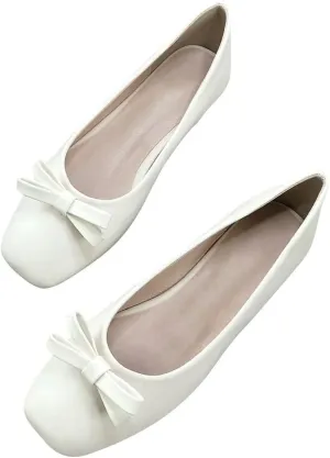 Hee grand Womens Bowknot Square Toe Ballet Flats Casual Slip-On Loafers Comfort Light Weight Walking Flats PU Leather Dress Shoes