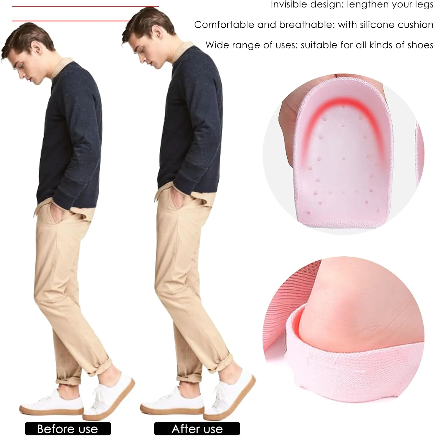 Heightening Wedge Insole Socks Invisible Silicone Height Increase Socks Heel Pad Insert for Plantar Fasciitis Pain Relive and Gait Correction White 3.5 CM/1.4 Inch Up