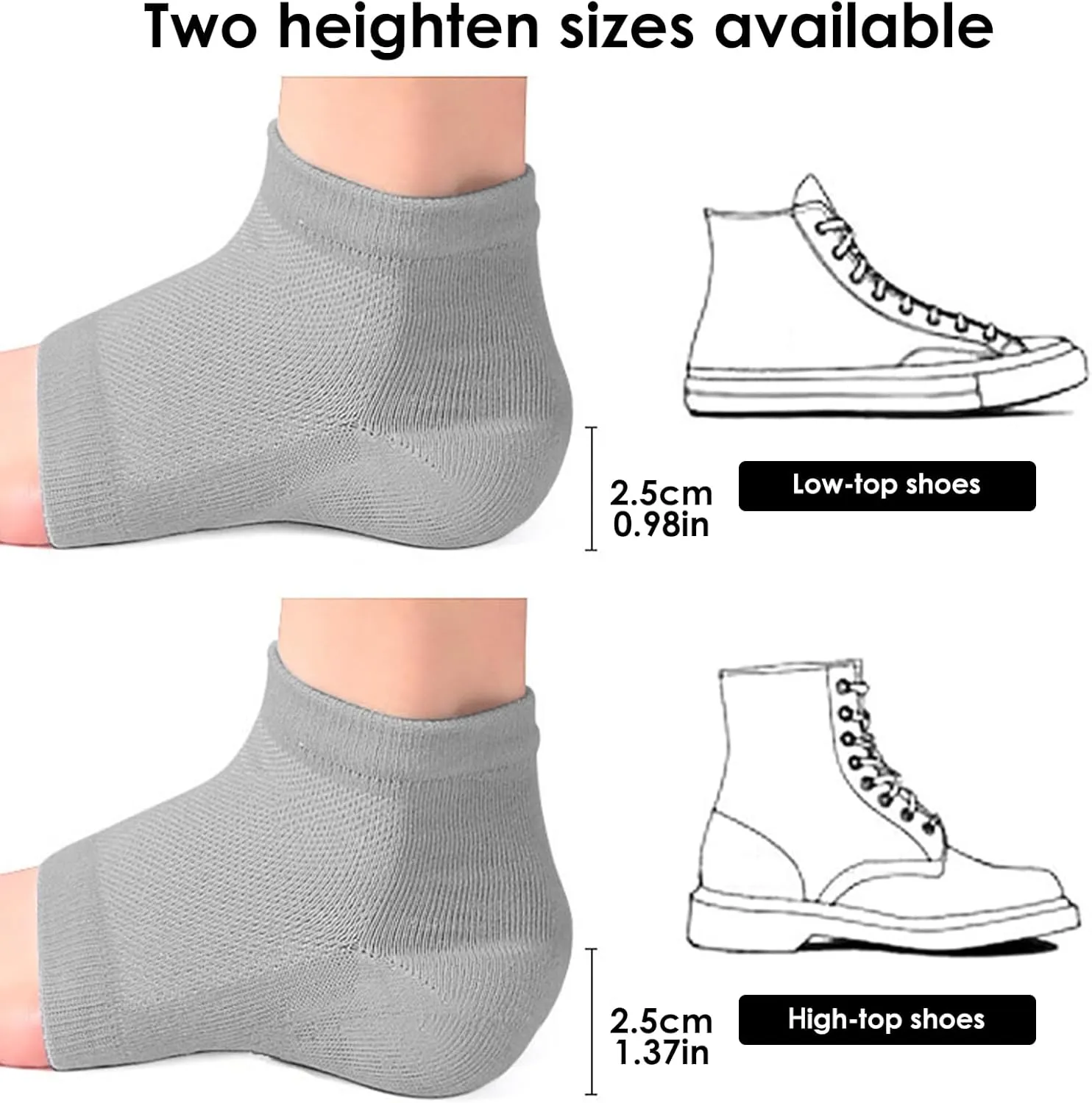 Heightening Wedge Insole Socks Invisible Silicone Height Increase Socks Heel Pad Insert for Plantar Fasciitis Pain Relive and Gait Correction White 3.5 CM/1.4 Inch Up