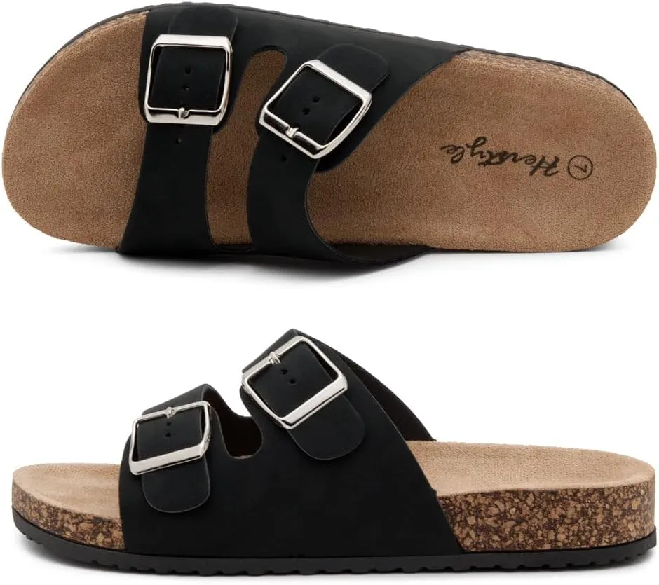 Herstyle Softey Womens Cork Footbed Sandals - Adjustable 2-Strap Comfort Slides | Slip On Open Toe Flat Sandals for Women | Summer Beach Casual Everyday Wear