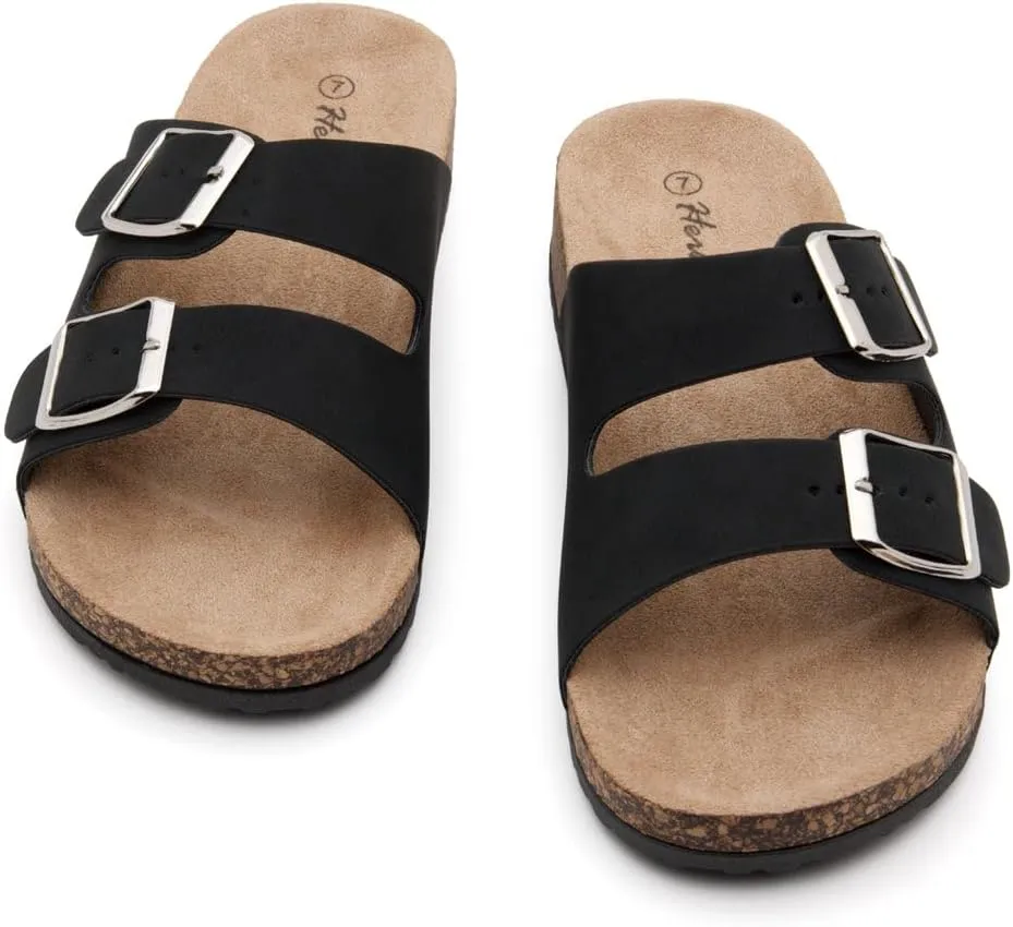 Herstyle Softey Womens Cork Footbed Sandals - Adjustable 2-Strap Comfort Slides | Slip On Open Toe Flat Sandals for Women | Summer Beach Casual Everyday Wear