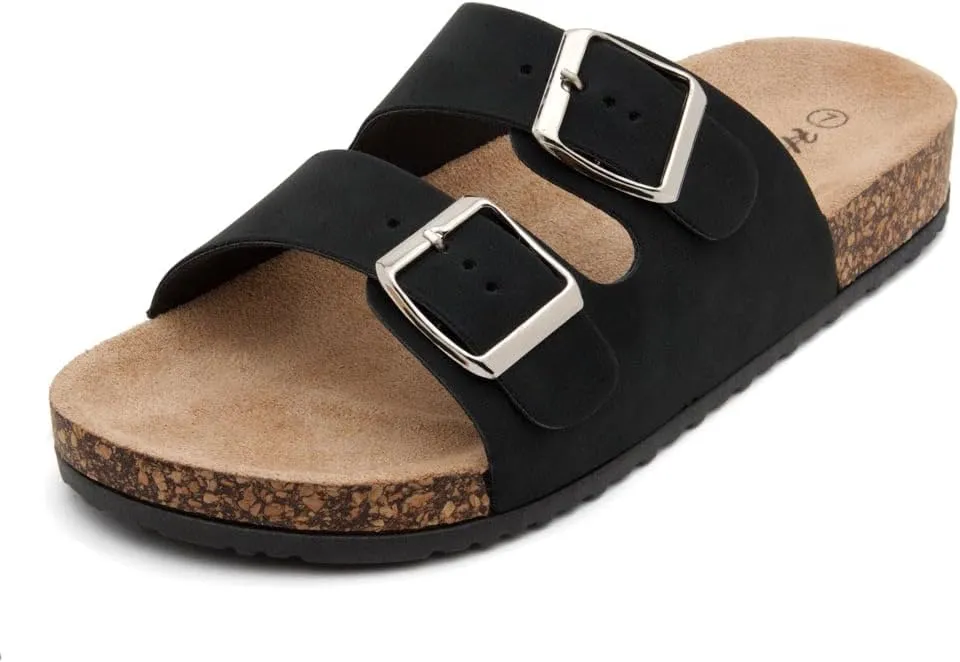 Herstyle Softey Womens Cork Footbed Sandals - Adjustable 2-Strap Comfort Slides | Slip On Open Toe Flat Sandals for Women | Summer Beach Casual Everyday Wear