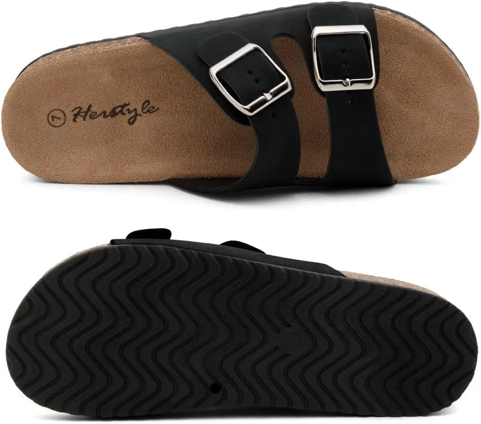 Herstyle Softey Womens Cork Footbed Sandals - Adjustable 2-Strap Comfort Slides | Slip On Open Toe Flat Sandals for Women | Summer Beach Casual Everyday Wear