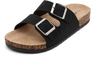 Herstyle Softey Womens Cork Footbed Sandals - Adjustable 2-Strap Comfort Slides | Slip On Open Toe Flat Sandals for Women | Summer Beach Casual Everyday Wear