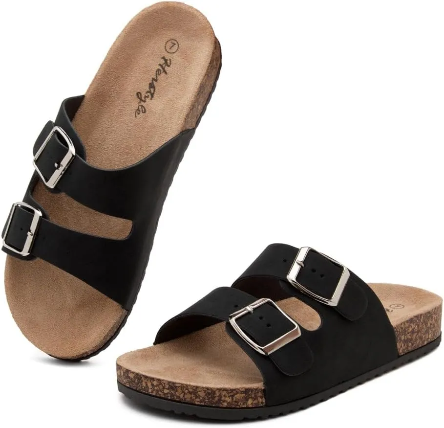 Herstyle Softey Womens Cork Footbed Sandals - Adjustable 2-Strap Comfort Slides | Slip On Open Toe Flat Sandals for Women | Summer Beach Casual Everyday Wear