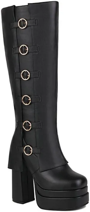 High Heels Women's Fold Over Knee High Boots Platform Chunky Heel Belt Buckles Pumps Dress Party Club Shoes 14cm