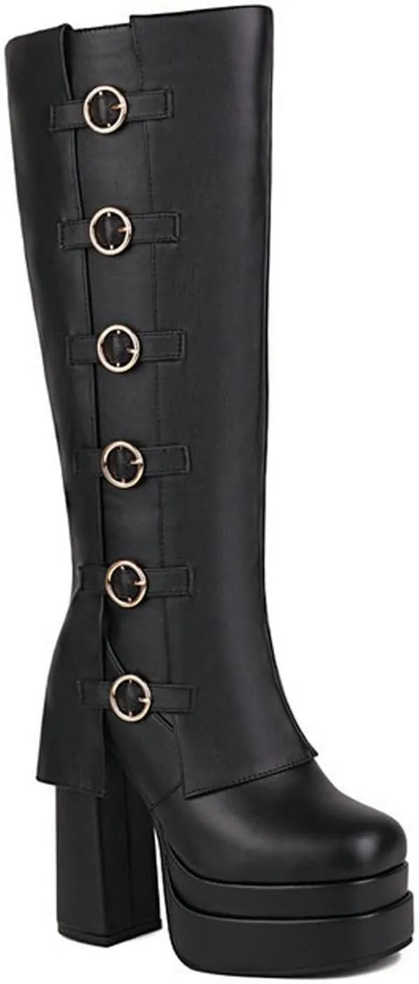 High Heels Women's Fold Over Knee High Boots Platform Chunky Heel Belt Buckles Pumps Dress Party Club Shoes 14cm