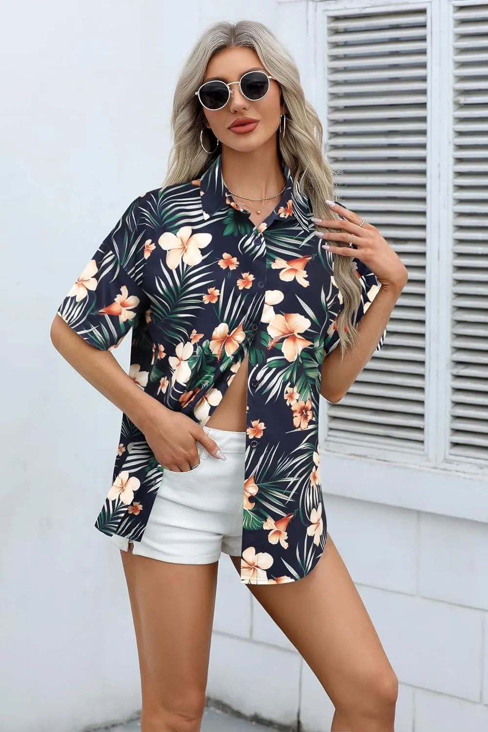 HOTOUCH Womens Hawaiian Shirts Button Up Casual Floral Tropical Shirt Summer Beach Shirt Cool Short Sleeve Blouse Tops