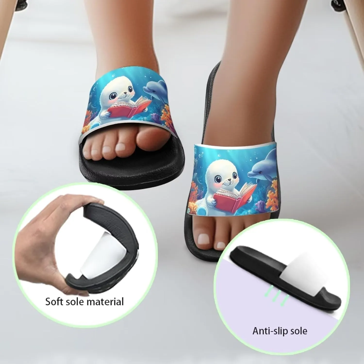 Howilath Sea Animal Print Kids Slides Non-Slip Open Toe Slippers Boys and Girls Sandals Pillow Cloud Slippers with EVA Sole