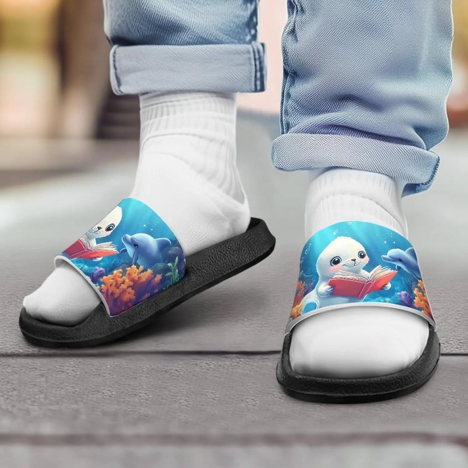 Howilath Sea Animal Print Kids Slides Non-Slip Open Toe Slippers Boys and Girls Sandals Pillow Cloud Slippers with EVA Sole