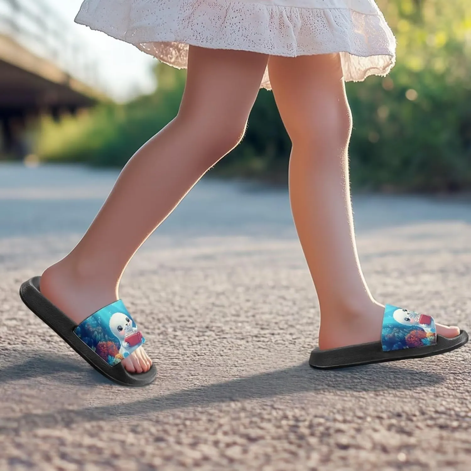 Howilath Sea Animal Print Kids Slides Non-Slip Open Toe Slippers Boys and Girls Sandals Pillow Cloud Slippers with EVA Sole
