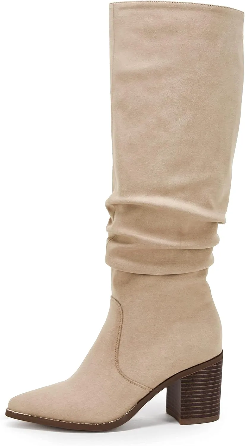 Huiyuzhi Womens Pointed Toe Mid Chunky Heel Side Zipper Knee High Boots Tall Booties
